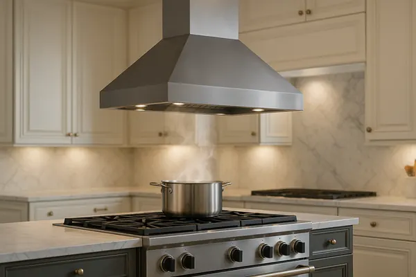 Warm white kitchen with raised-panel cabinetry, a stainless range hood and a marble backsplash