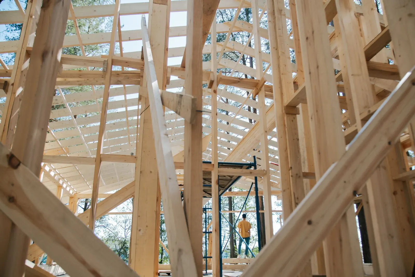 Wood framing for a new house structure seen from inside